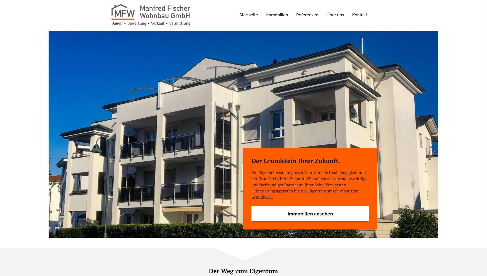 Die Manfred Fischer Wohnbau GmbH Startseite zielt darauf an, neue Besucher direkt auf den Stil des Bauträgers sowie auf die verfügbaren Immobilien aufmerksam zu machen