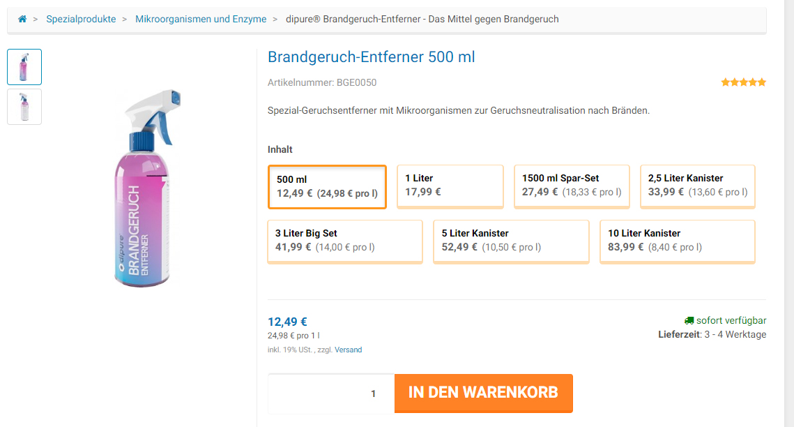 Spezialreiniger24 Ansicht der Produktseite nach Auswahl der Gebindegröße