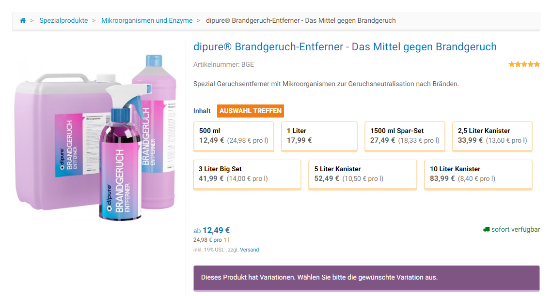 Die Produktseiten Größenauswahl auf Spezialreiniger24.de